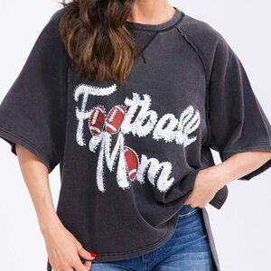 Black Short Sleeve Football Mom Embellished Tee Shirt Oversized